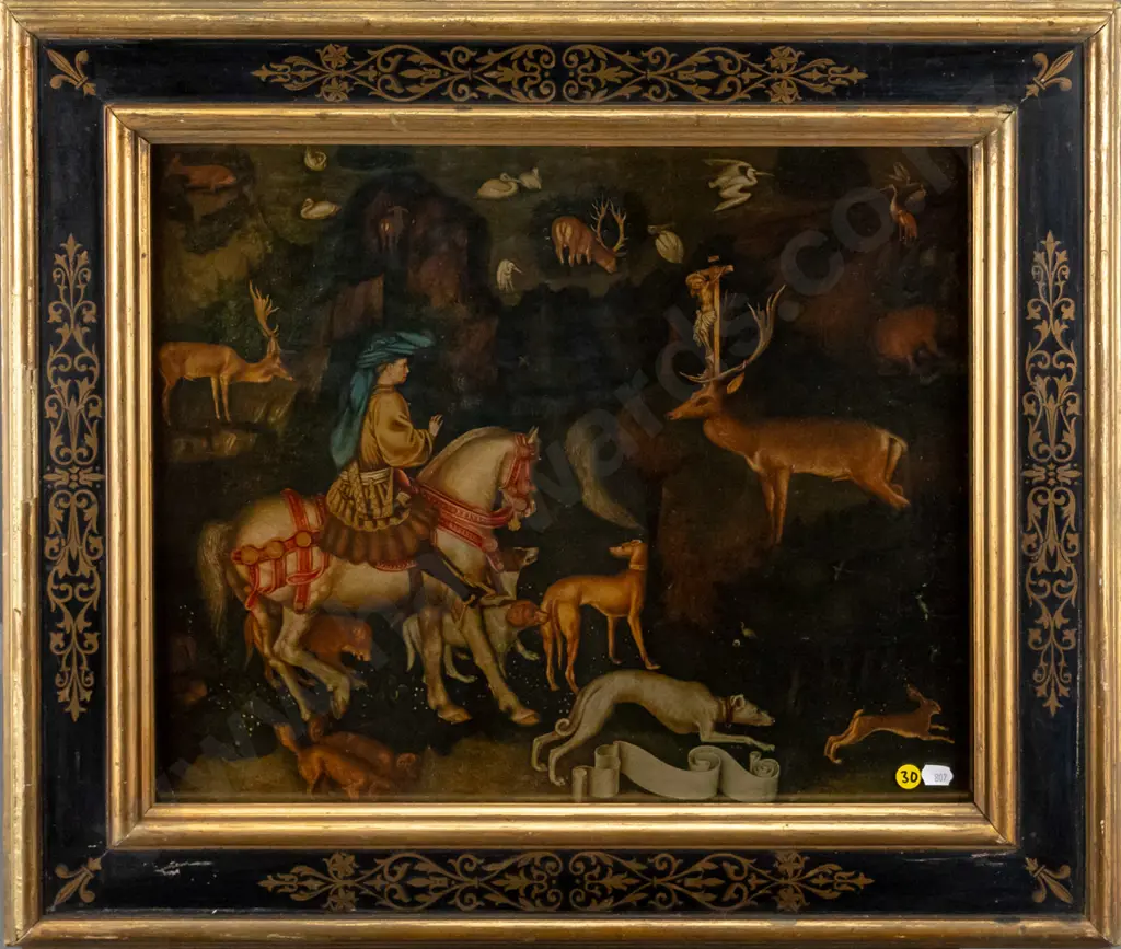 ornate framed print - Antonio Pisanello - The Vision of Saint Eustace, c. 1440 H-380 W-460 (some damage to frame) Image 1++