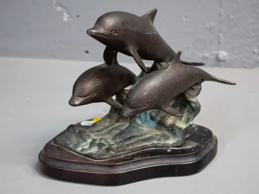 bronze finish cast metal figure of 3 dolphins, on timber base H-160 L-170 Image 1++