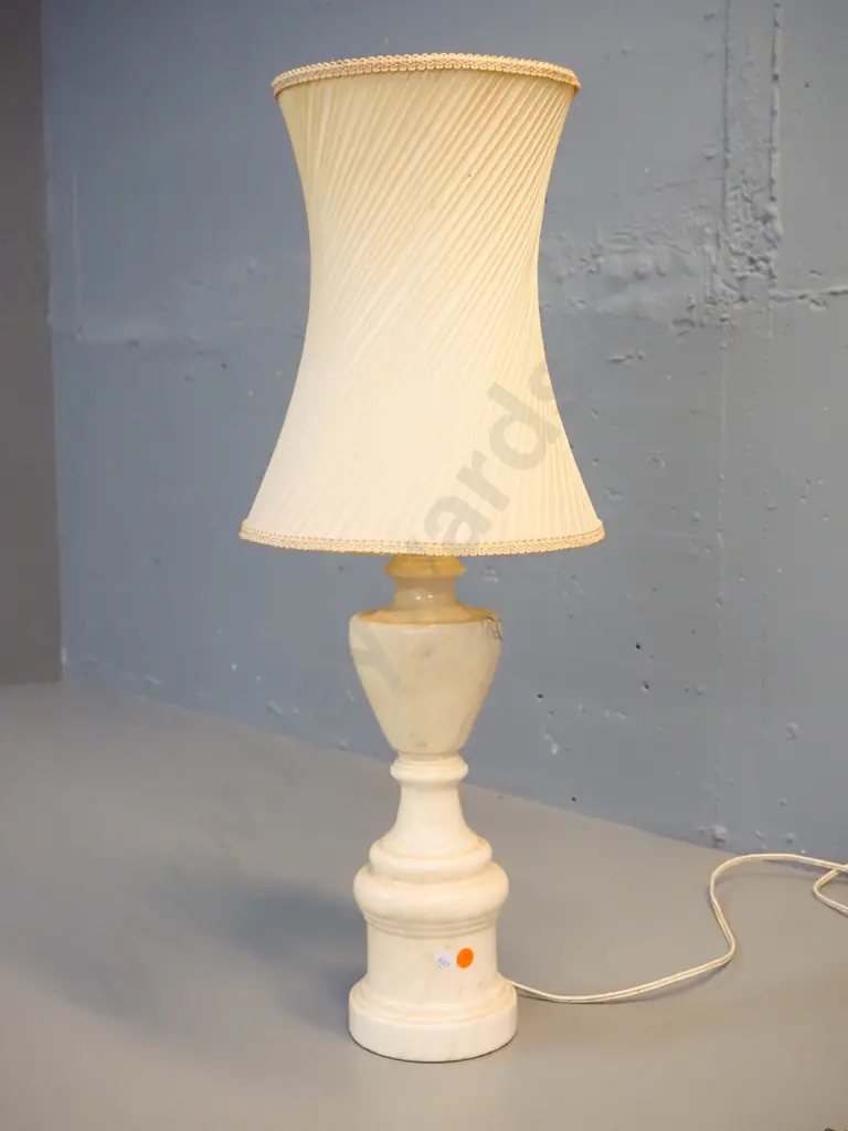 Italian alabaster marble table lamp base with pleated, waisted shade - some marks to shade - overall H-655 Image 1++