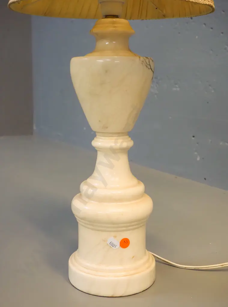 Italian alabaster marble table lamp base with pleated, waisted shade - some marks to shade - overall H-655 Image 1++