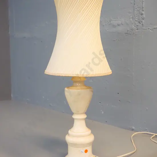 Italian alabaster marble table lamp base with pleated, waisted shade - some marks to shade - overall H-655