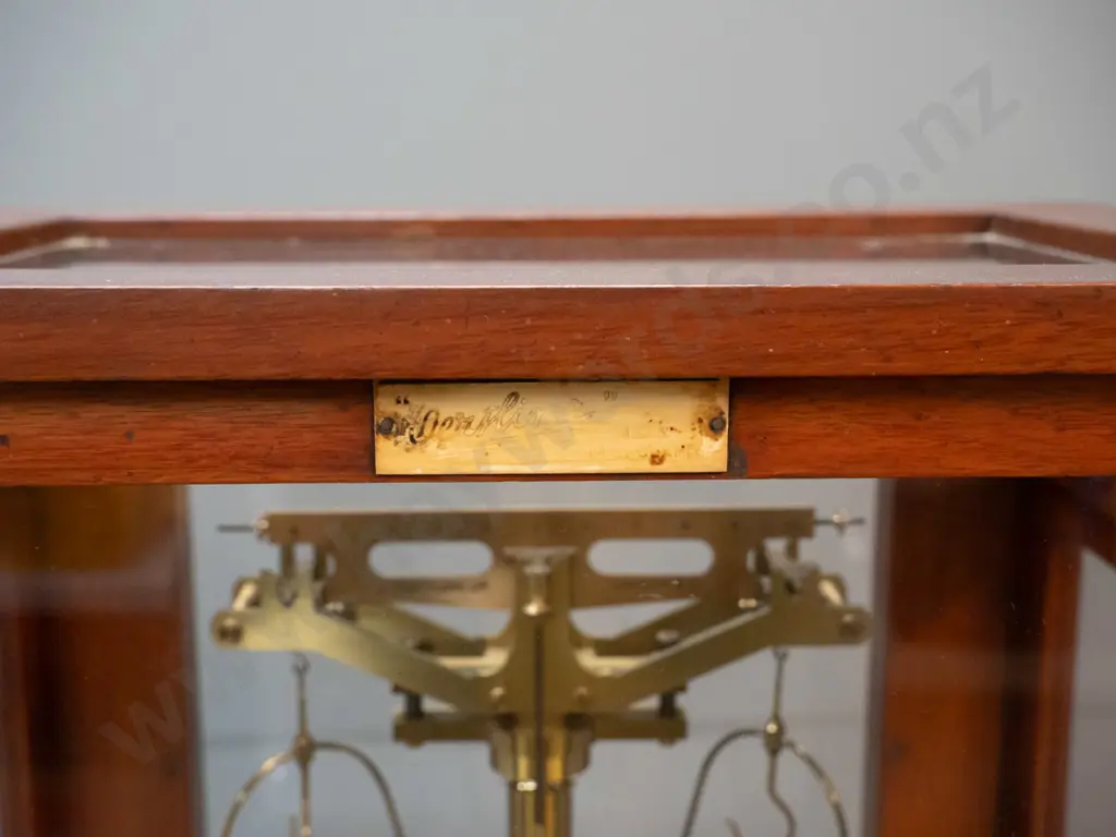 vintage Oertlin London precision balance scales in glazed mahogany case, black glass base, with weights in fitted timber Image 1++