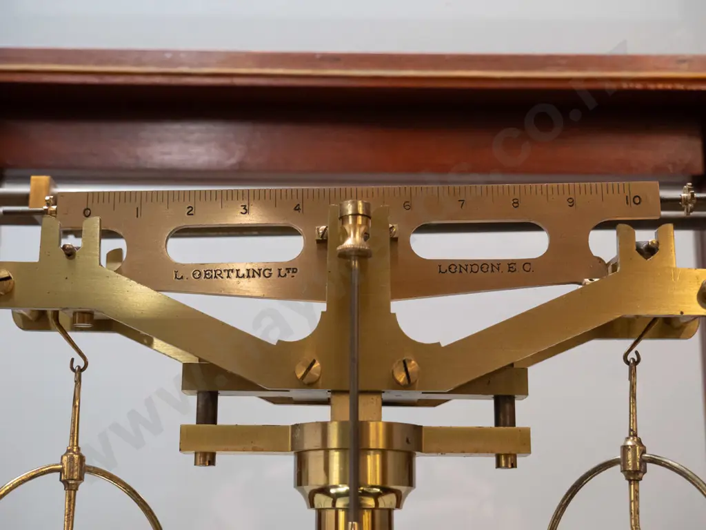 vintage Oertlin London precision balance scales in glazed mahogany case, black glass base, with weights in fitted timber Image 1++