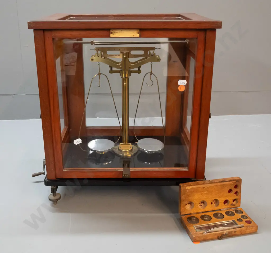 vintage Oertlin London precision balance scales in glazed mahogany case, black glass base, with weights in fitted timber Image 1++