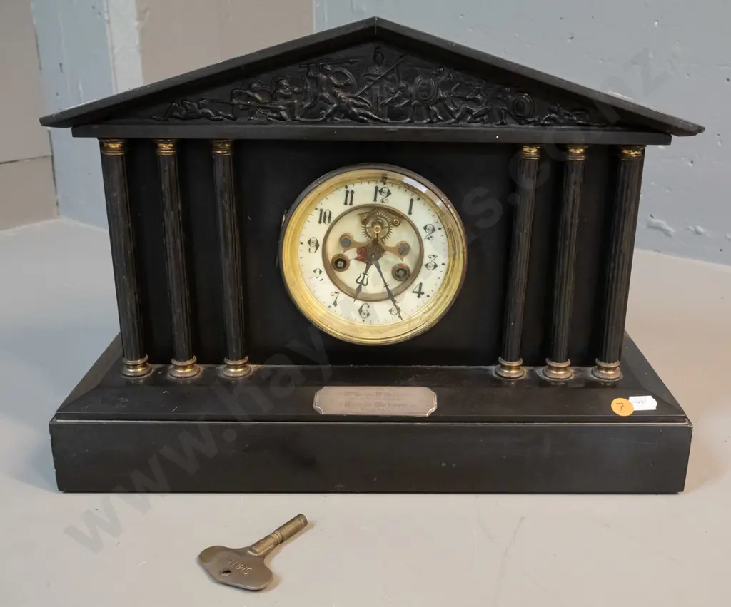 restorer's black Belgian marble cased clock with presentation plaque to George McGregor, Hillside Workshops, 1899. Has Image 1++