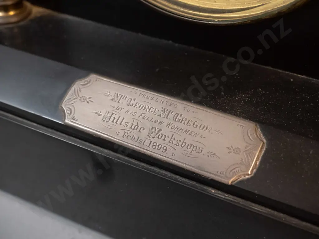 restorer's black Belgian marble cased clock with presentation plaque to George McGregor, Hillside Workshops, 1899. Has Image 1++