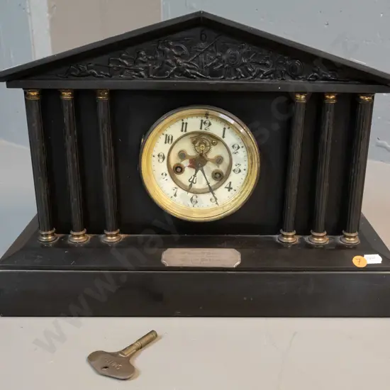 restorer's black Belgian marble cased clock with presentation plaque to George McGregor, Hillside Workshops, 1899. Has