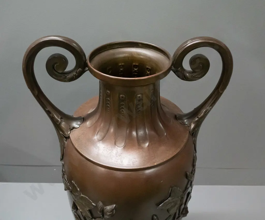 large brass double handled urn vase with relief pattern rose motifs H-740 W-330 Image 1++