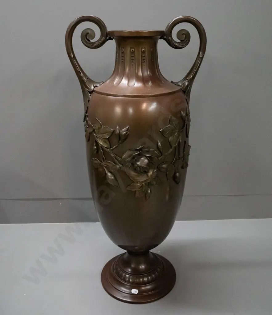 large brass double handled urn vase with relief pattern rose motifs H-740 W-330 Image 1++