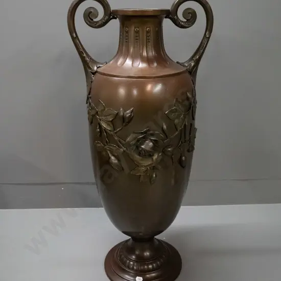 large brass double handled urn vase with relief pattern rose motifs H-740 W-330
