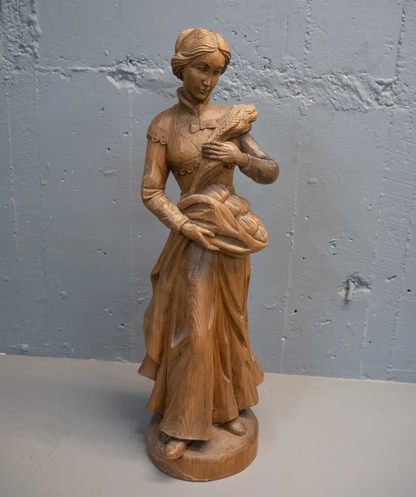 carved timber figure - Victorian style woman with wheat sheaf with Austrian maker's label H-600 Image 1++