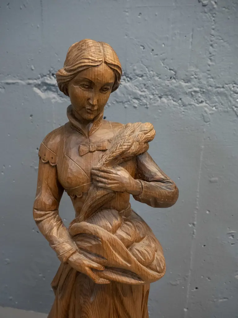 carved timber figure - Victorian style woman with wheat sheaf with Austrian maker's label H-600 Image 1++