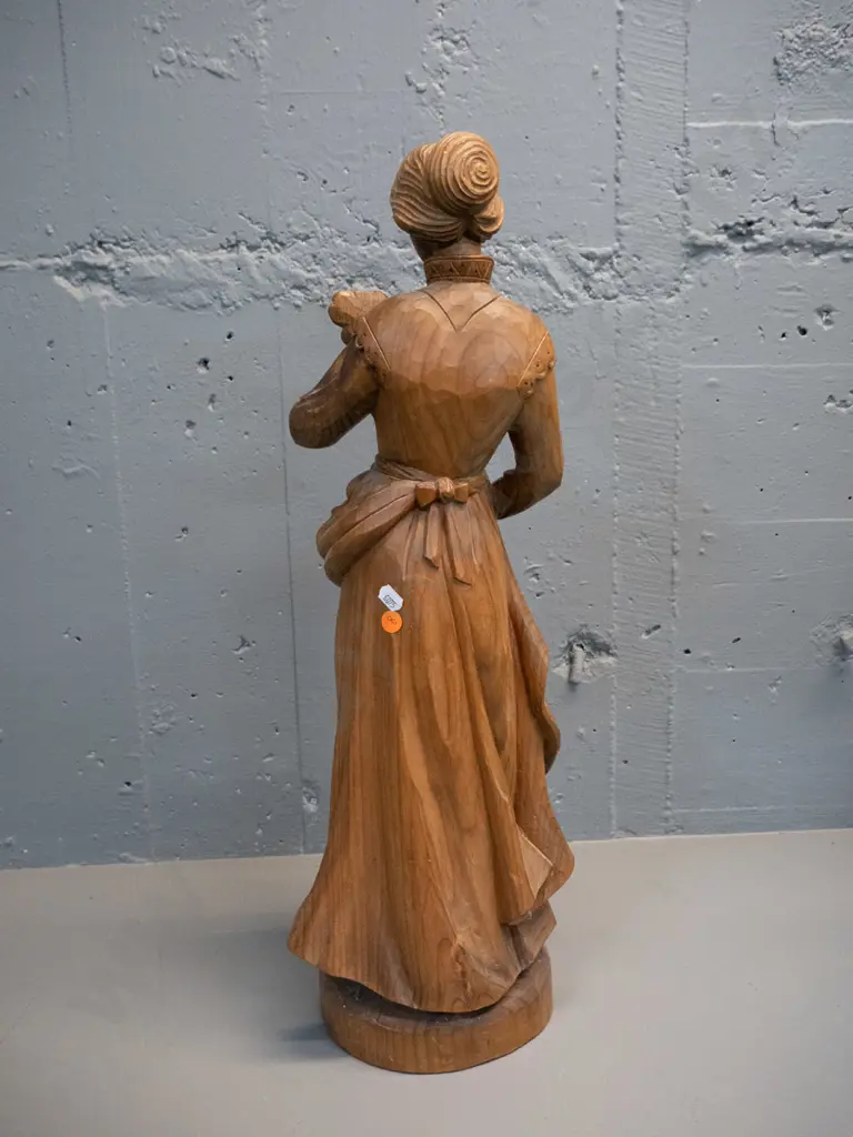 carved timber figure - Victorian style woman with wheat sheaf with Austrian maker's label H-600 Image 1++