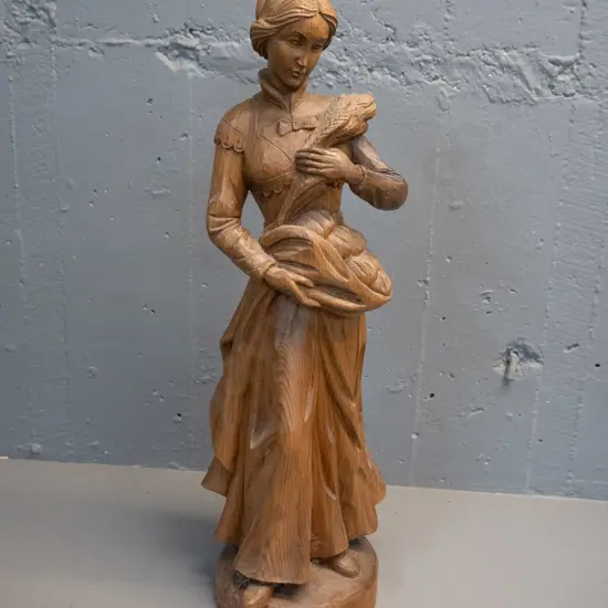 carved timber figure - Victorian style woman with wheat sheaf with Austrian maker's label H-600