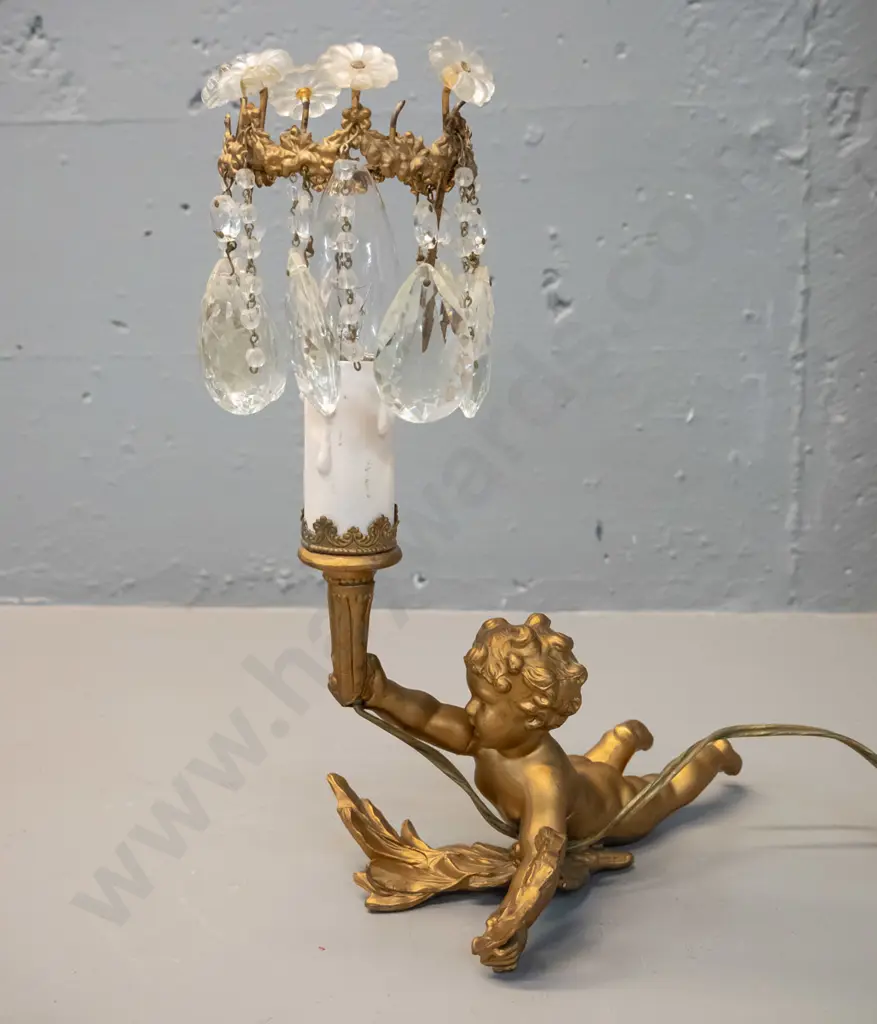 retro cast metal table lamp with figural cherub base, glass drops, missing two top flower shaped medallions H-300 L-230 Image 1++