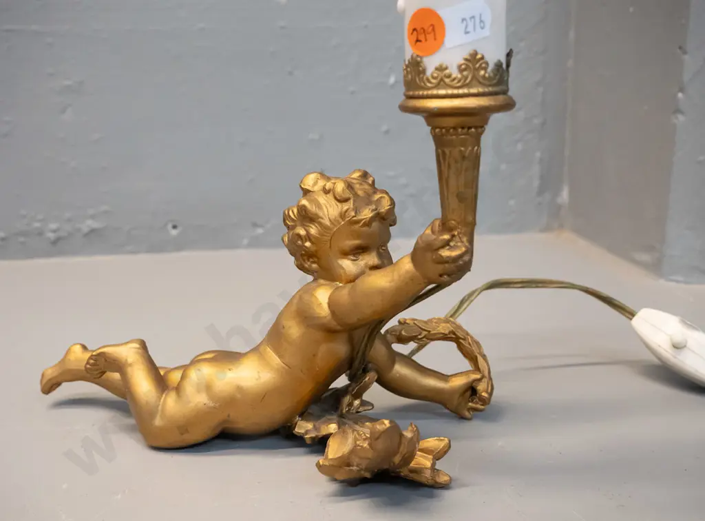 retro cast metal table lamp with figural cherub base, glass drops, missing two top flower shaped medallions H-300 L-230 Image 1++