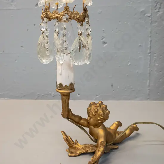 retro cast metal table lamp with figural cherub base, glass drops, missing two top flower shaped medallions H-300 L-230