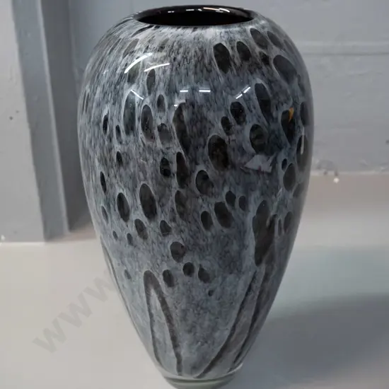 art glass vase - mottled and webbed white over black H-280 D-160