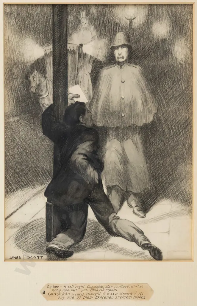 James F Scott - framed pencil - "constable and lightenen sketchin bloke" H-210 W-160 Image 1++