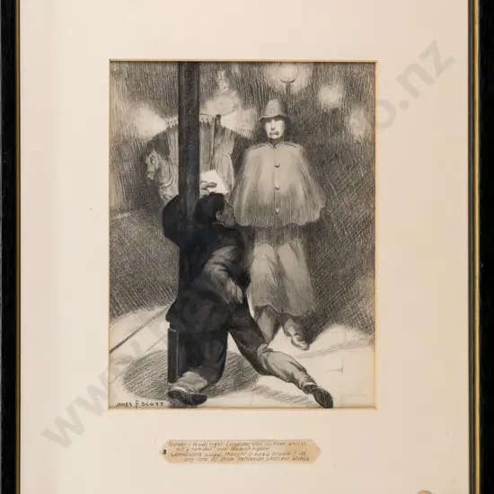 James F Scott - framed pencil - "constable and lightenen sketchin bloke" H-210 W-160