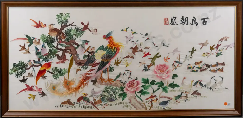 framed Asian needlework on silk - birds H-440 W-970 Image 1++