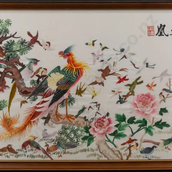 framed Asian needlework on silk - birds H-440 W-970