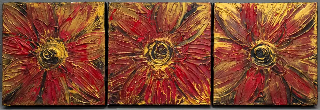 illegible signature 2007 - 3x boxed mixed media on canvas "Three in a row" Each H-250 W-250 Image 1++