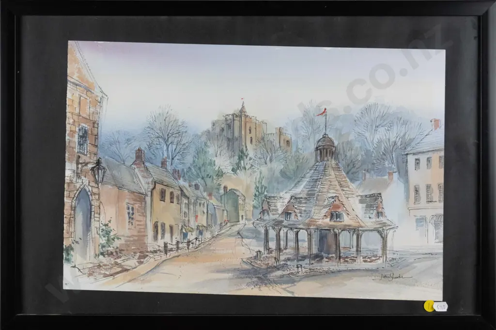 John Shooter? - framed ink and watercolour - village of Dunster in Somerset H-300 W-450 (framing needs attention) Image 1++