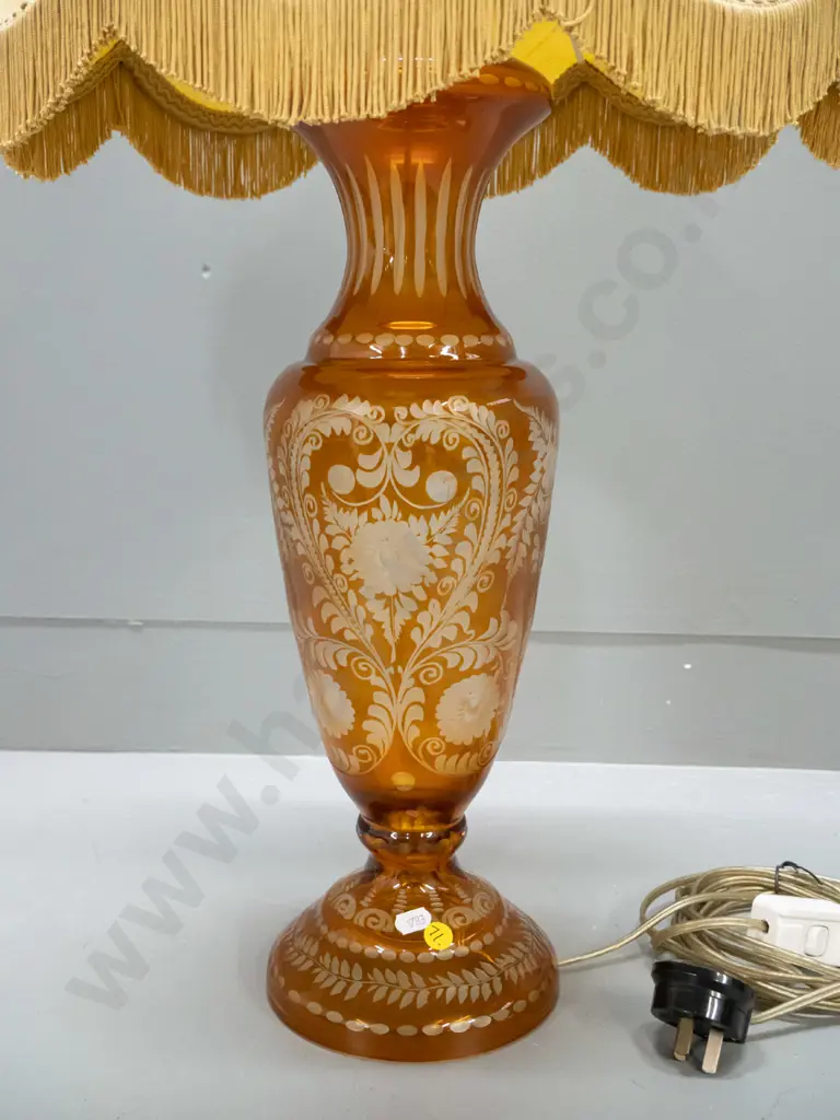 etched amber & clear glass table lamp with waisted gold sateen shade H-830 Shade D-350 Image 1++