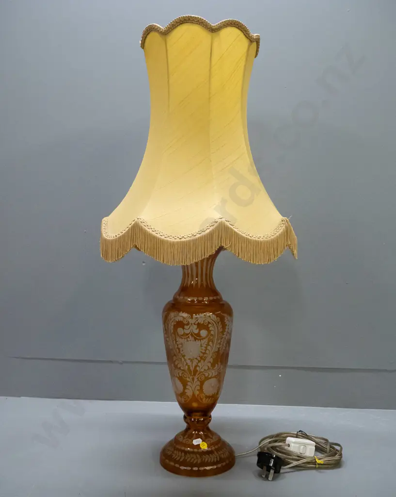 etched amber & clear glass table lamp with waisted gold sateen shade H-830 Shade D-350 Image 1++