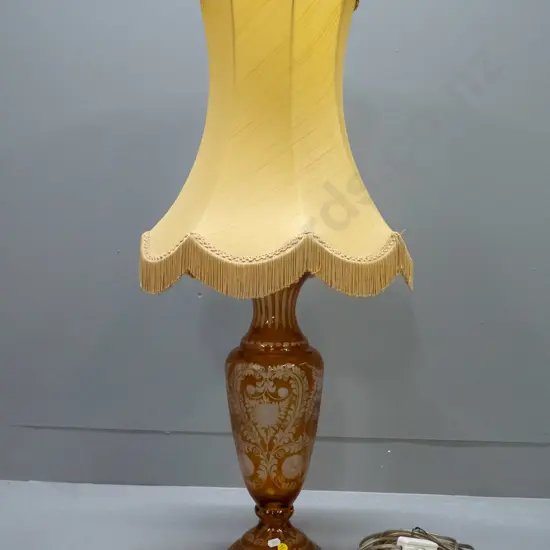 etched amber & clear glass table lamp with waisted gold sateen shade H-830 Shade D-350