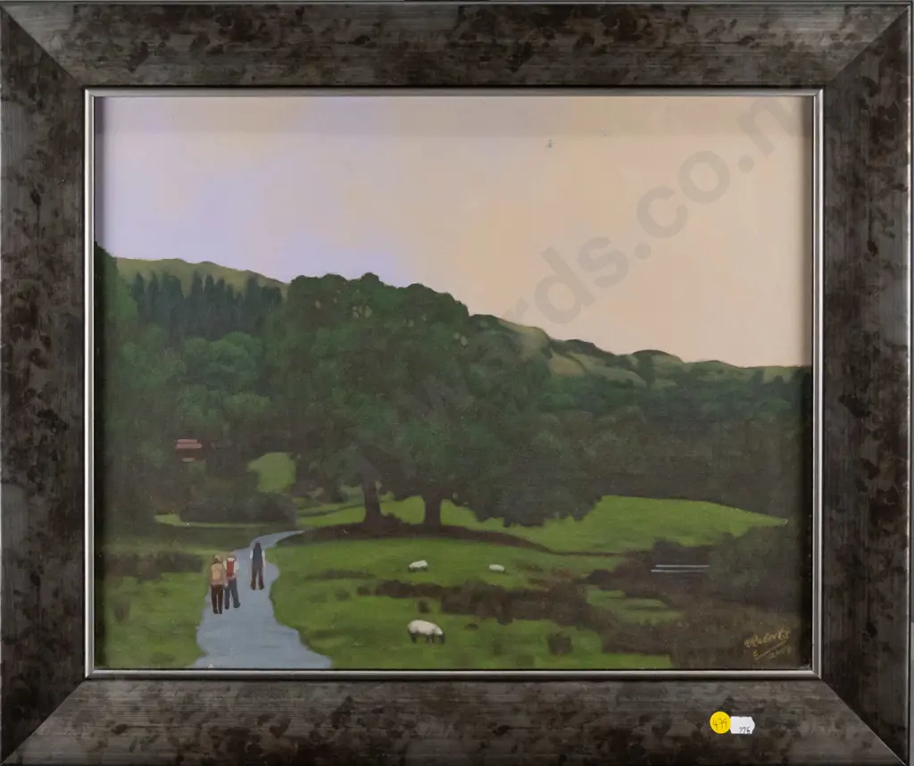 Roberts 2009 - framed acrylic - people walking through farmland H-390 W-490 Image 1++