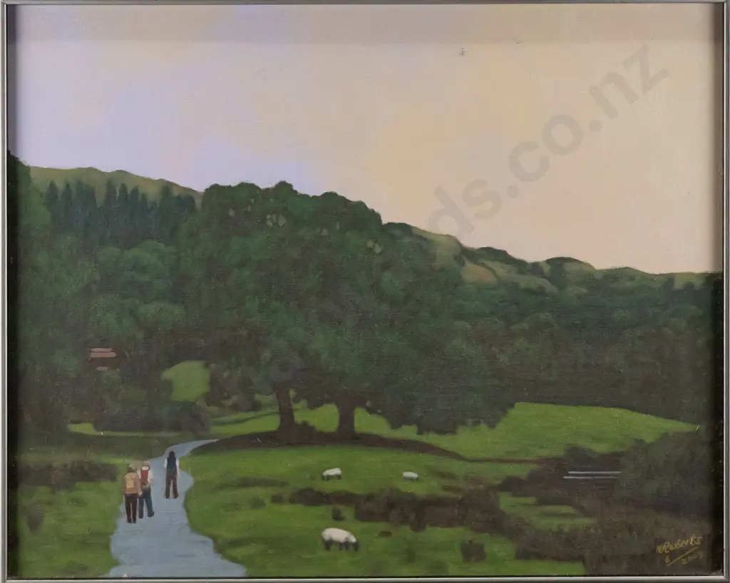 Roberts 2009 - framed acrylic - people walking through farmland H-390 W-490 Image 1++
