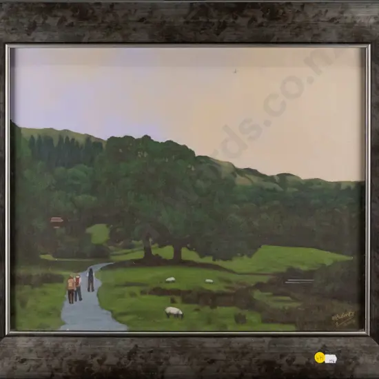 Roberts 2009 - framed acrylic - people walking through farmland H-390 W-490