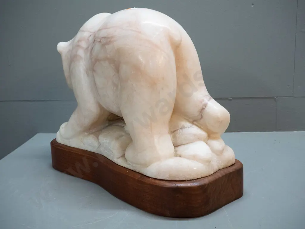 large very & heavy carved travertine marble figure of a bear with salmon, signed L. Owen '93 - a few marks on nose, Image 1++