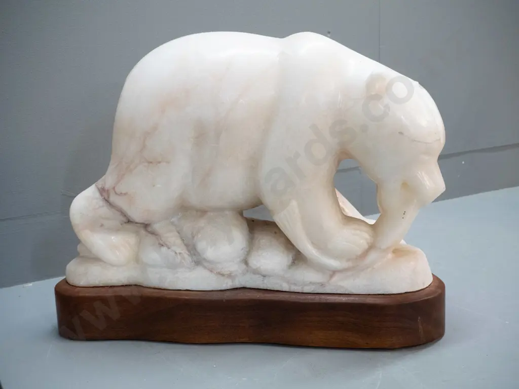 large very & heavy carved travertine marble figure of a bear with salmon, signed L. Owen '93 - a few marks on nose, Image 1++
