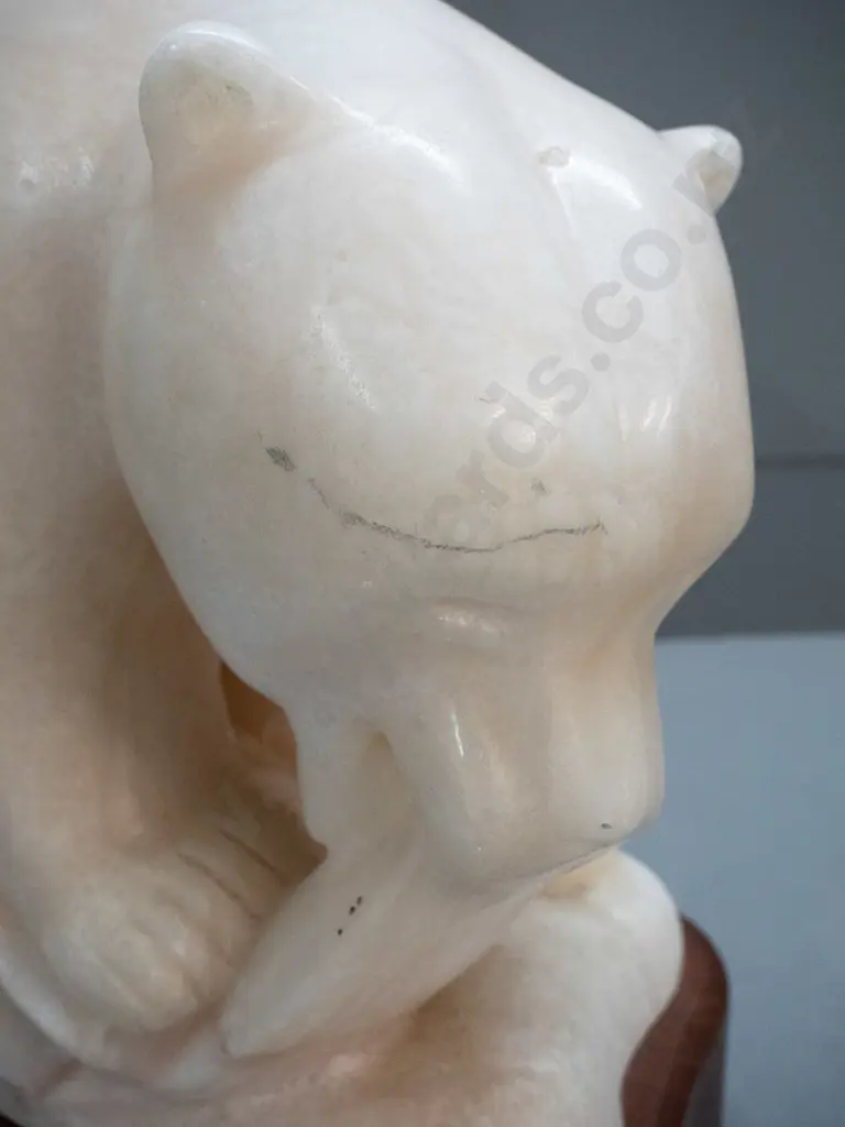 large very & heavy carved travertine marble figure of a bear with salmon, signed L. Owen '93 - a few marks on nose, Image 1++