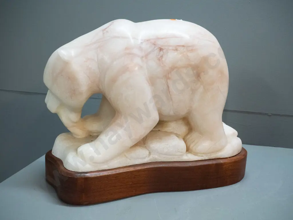 large very & heavy carved travertine marble figure of a bear with salmon, signed L. Owen '93 - a few marks on nose, Image 1++
