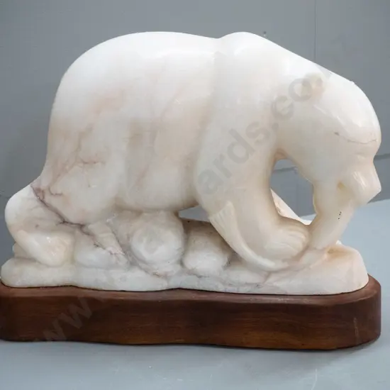 large very & heavy carved travertine marble figure of a bear with salmon, signed L. Owen '93 - a few marks on nose,