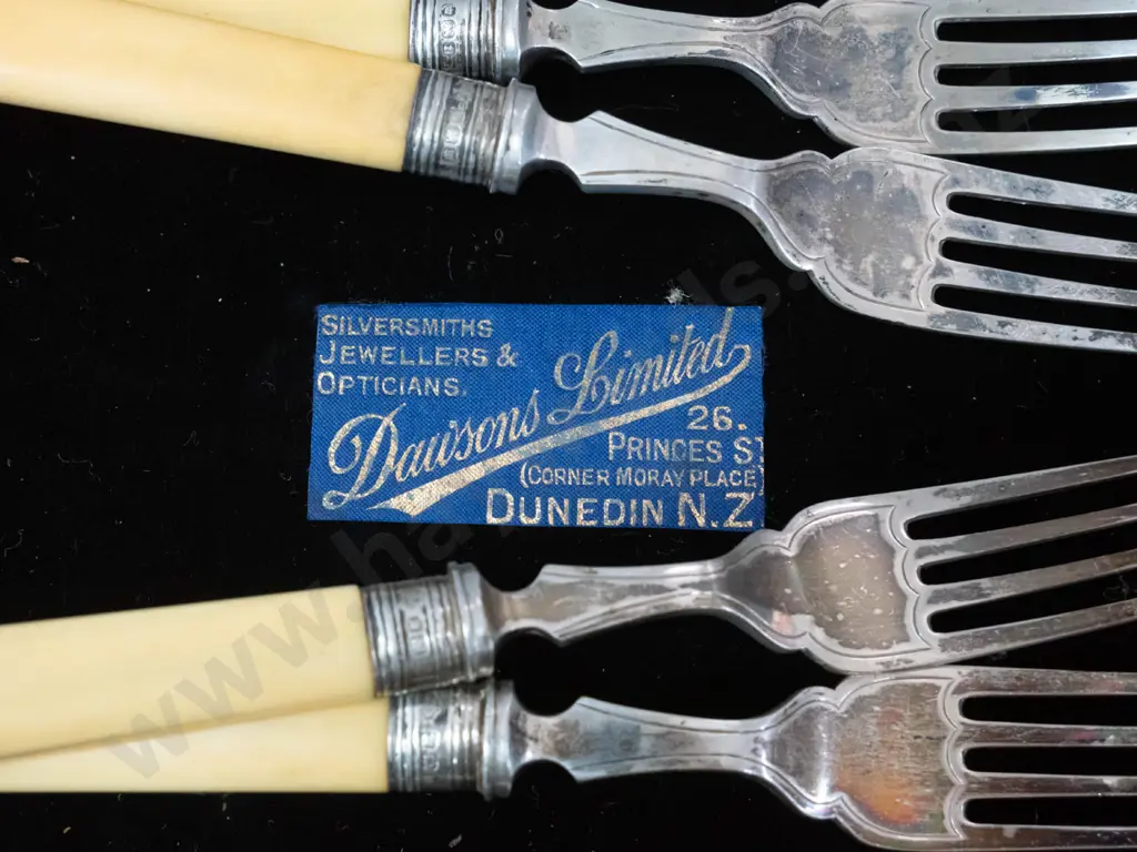 cased set of sterling silver bone-handled fish knives & forks - Dawsons Dunedin label inside. Case hinges are damaged, Image 1++