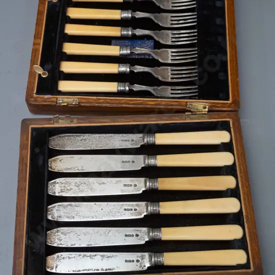 cased set of sterling silver bone-handled fish knives & forks - Dawsons Dunedin label inside. Case hinges are damaged,