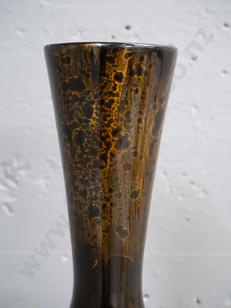 turned timber black lacquer vase with hand painted carp motifs H-390 D-180 Image 1++