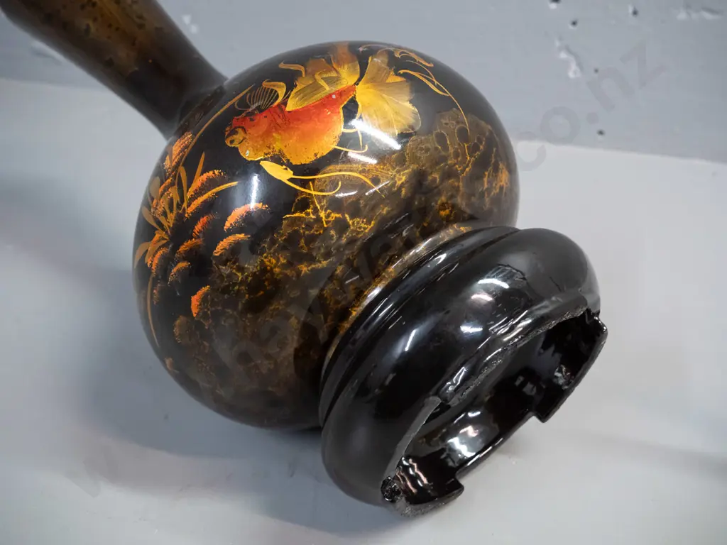 turned timber black lacquer vase with hand painted carp motifs H-390 D-180 Image 1++