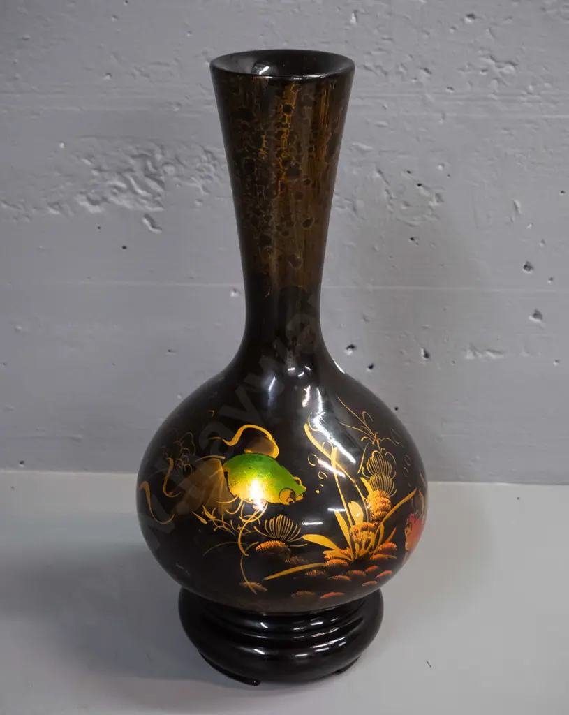 turned timber black lacquer vase with hand painted carp motifs H-390 D-180 Image 1++