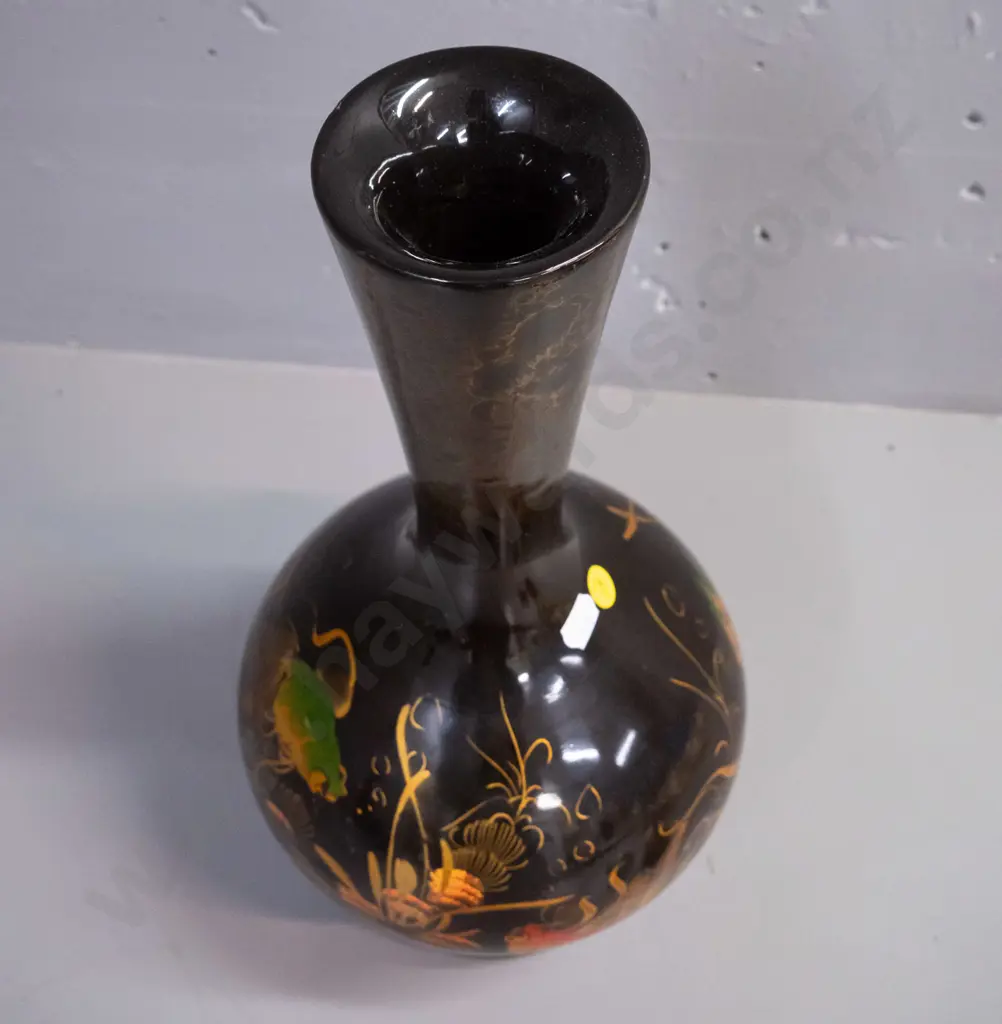 turned timber black lacquer vase with hand painted carp motifs H-390 D-180 Image 1++