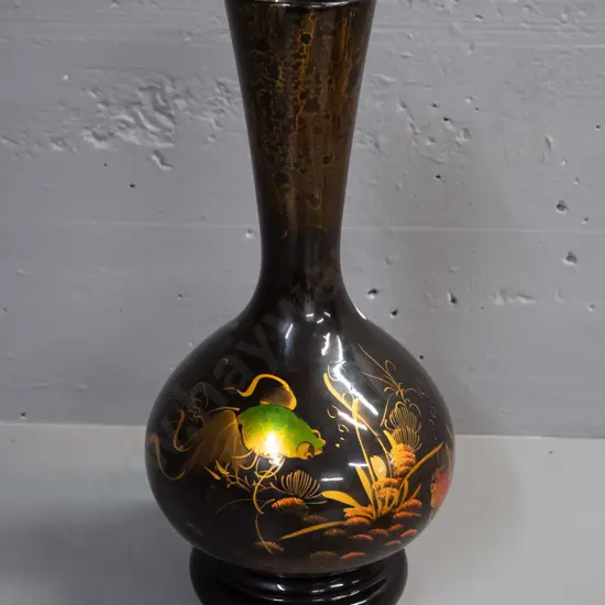 turned timber black lacquer vase with hand painted carp motifs H-390 D-180