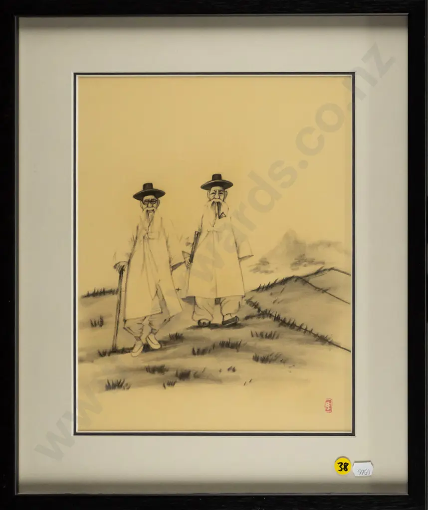 framed  Asian pencil drawing - 2 men walking H-310 W-230 Image 1++
