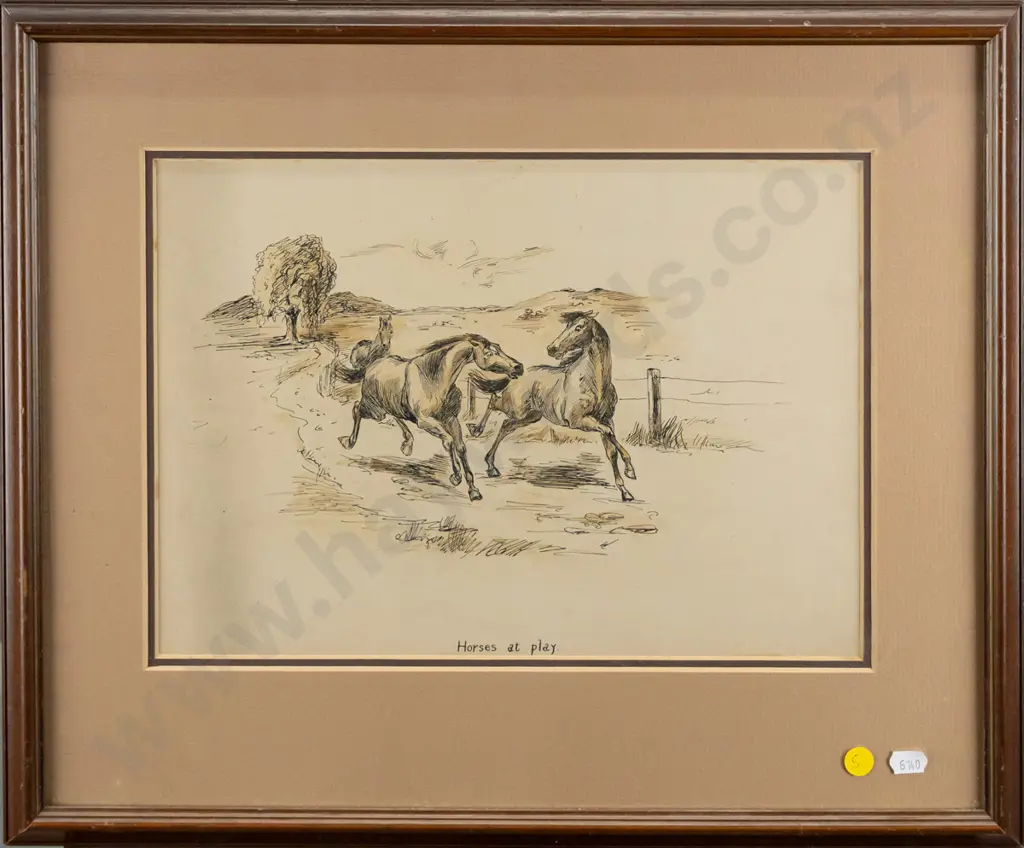 unsigned framed ink and watercolour "Horses at play" H-240 W-340 Image 1++