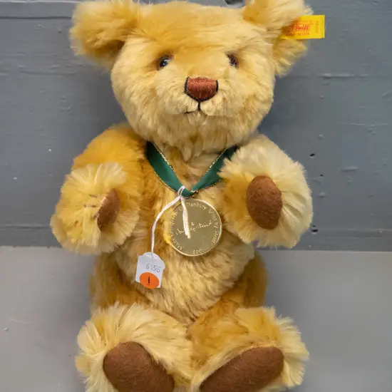 Steiff 2001 edition Danbury Mint mohair teddy bear with tags and metal medallion - sitting H-240