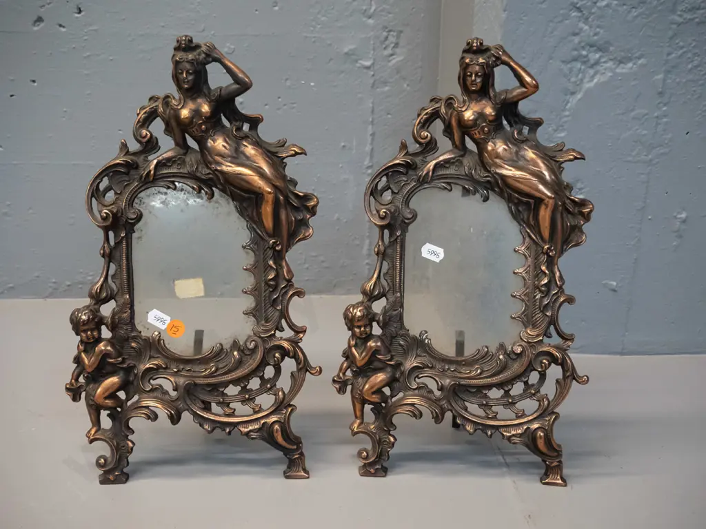 pair of nouveau style copper finish cast metal picture frames with glass H-345 W-185 Image 1++